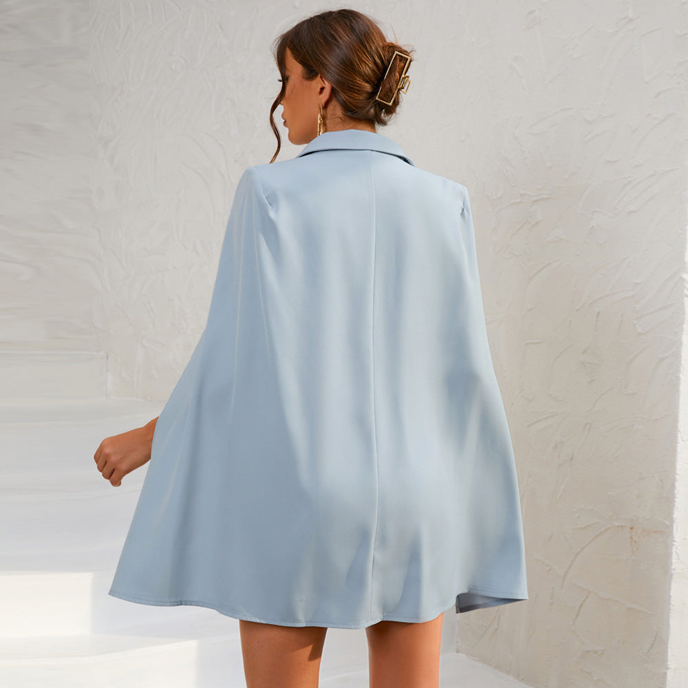 Chic Cape Blazer Mini Dress with Belt & Gold Accents