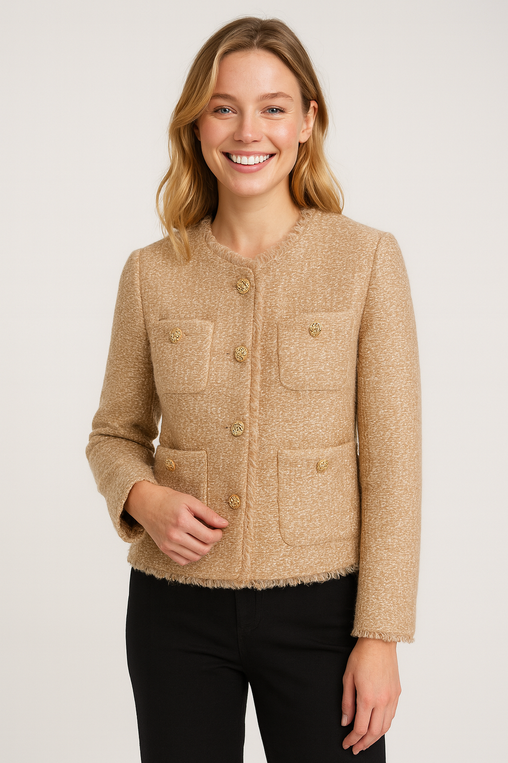 Chic Collarless Blazer Jacket with Gold Accents