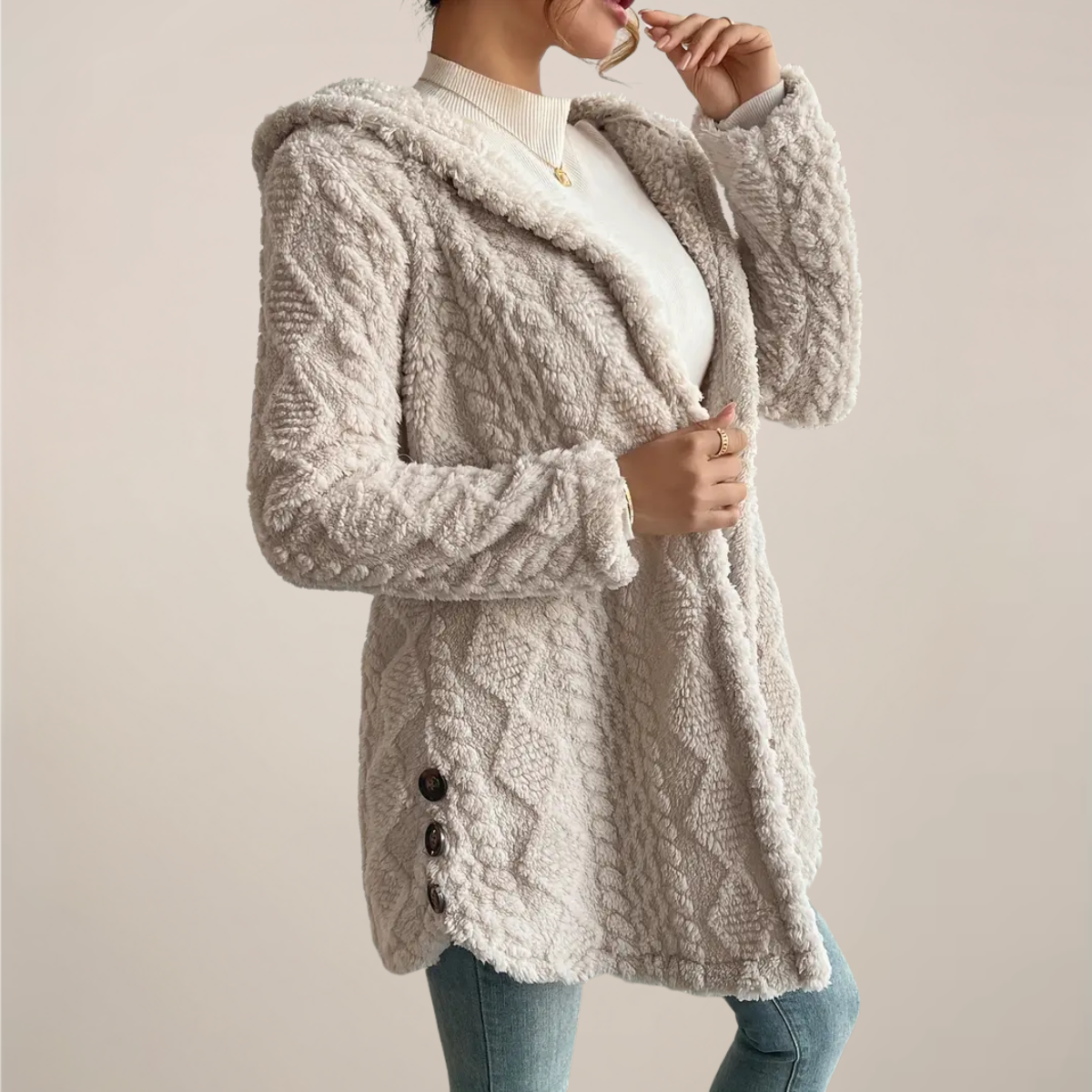 Chic Cream Hooded Jacquard Plush Coat for Every Occasion