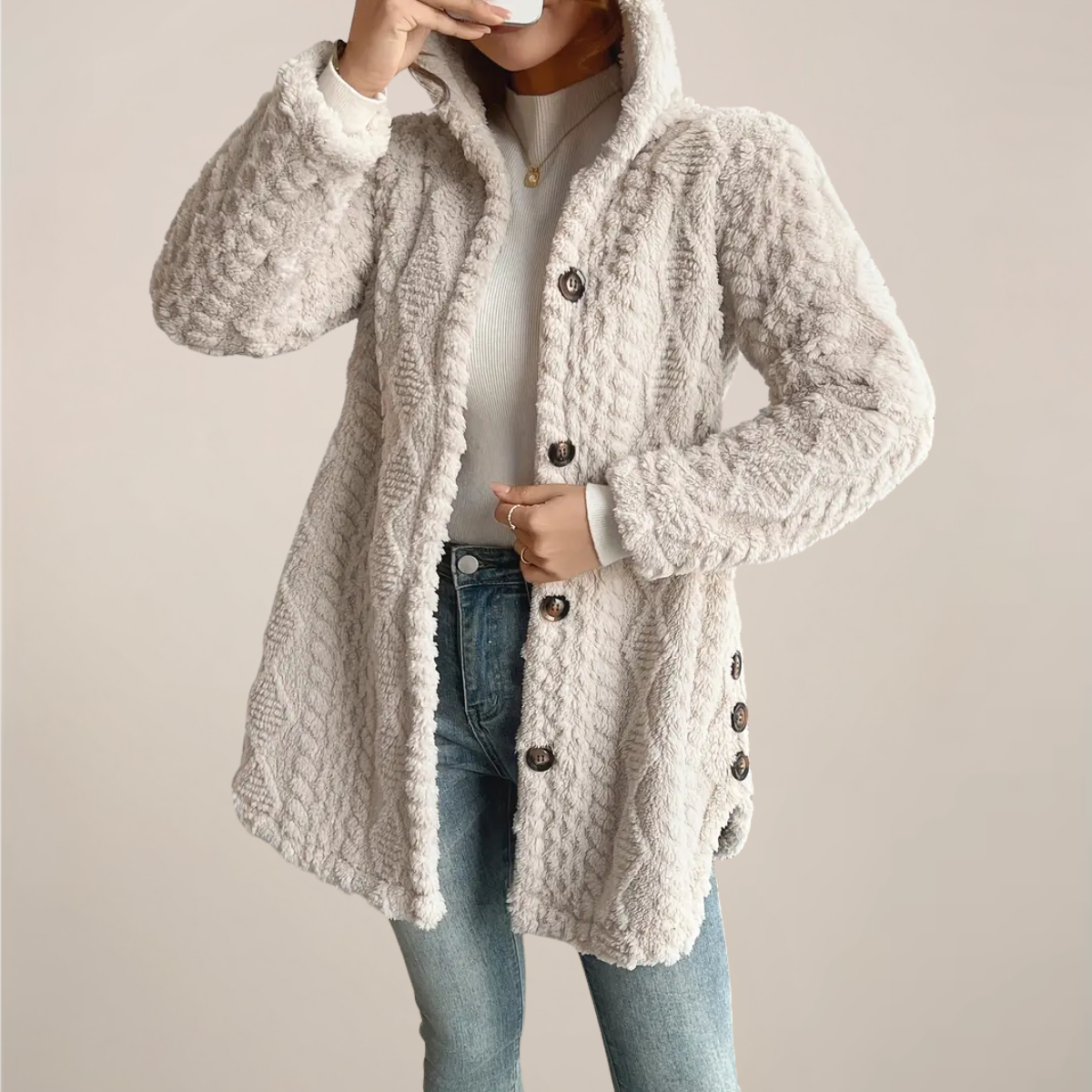 Chic Cream Hooded Jacquard Plush Coat for Every Occasion