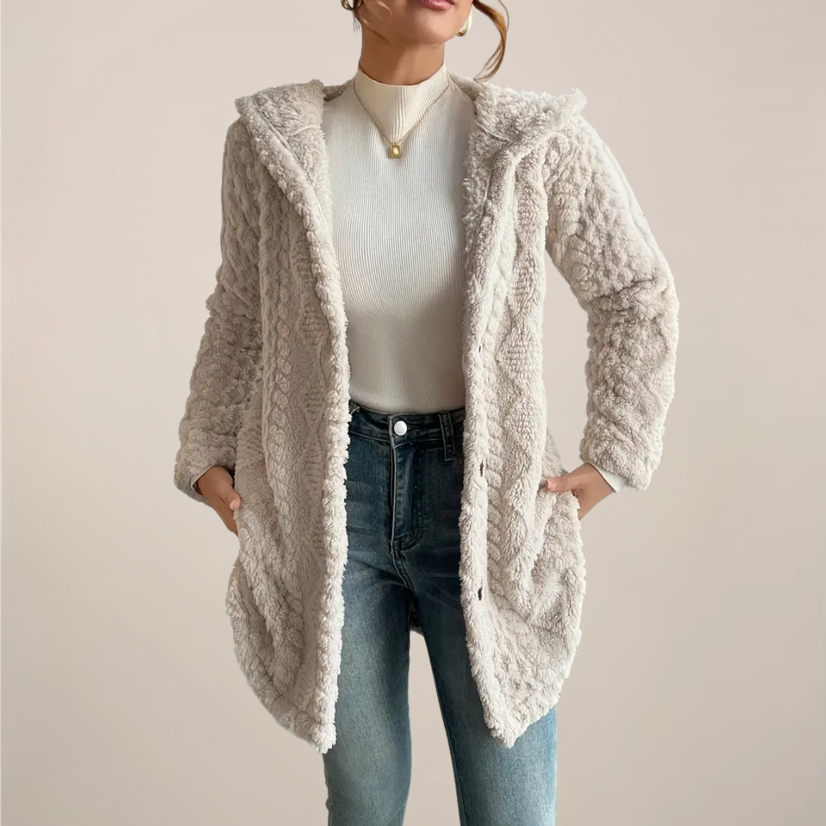 Chic Cream Hooded Jacquard Plush Coat for Every Occasion