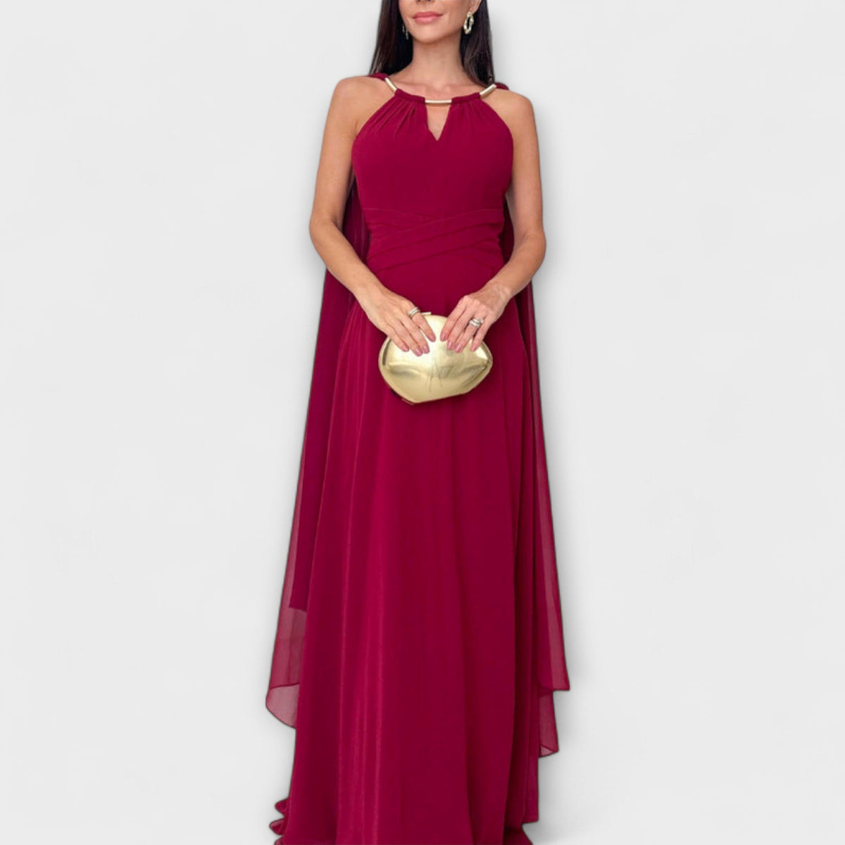 Chic Maxi Dress with Cape Sleeves & High Slit