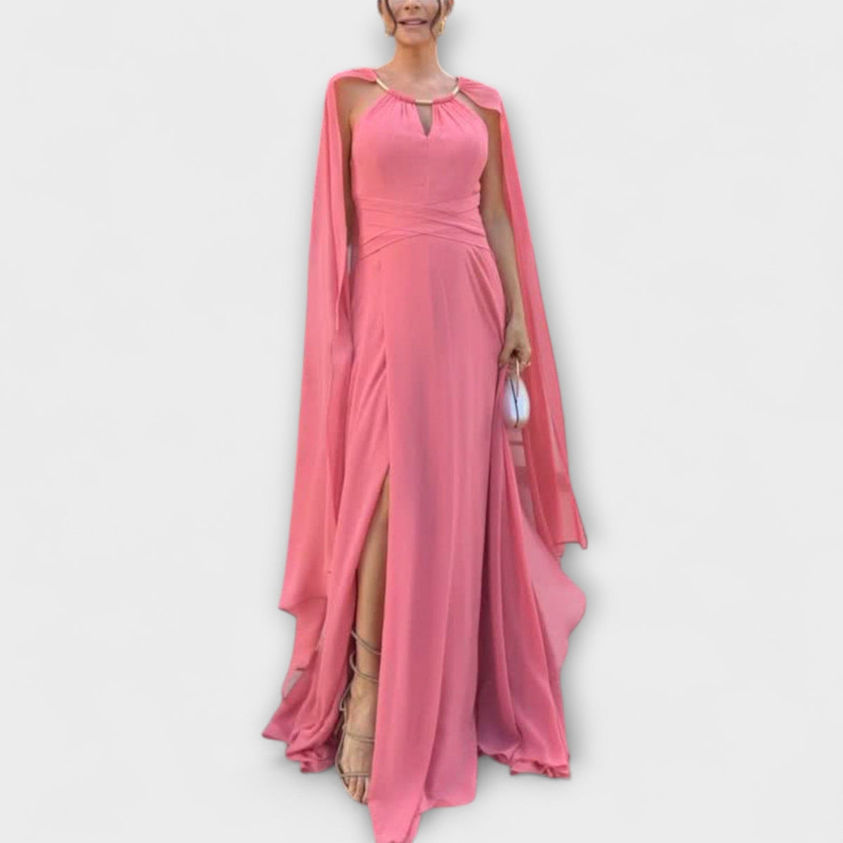 Chic Maxi Dress with Cape Sleeves & High Slit