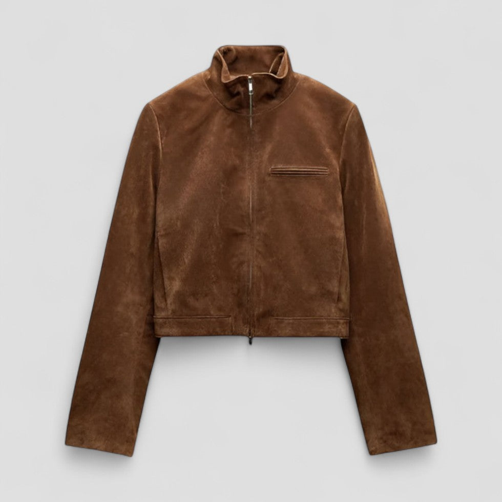 Chic Suede-Style Cropped Jacket with Zipper