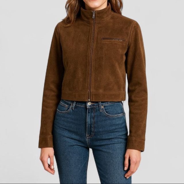 Chic Suede-Style Cropped Jacket with Zipper