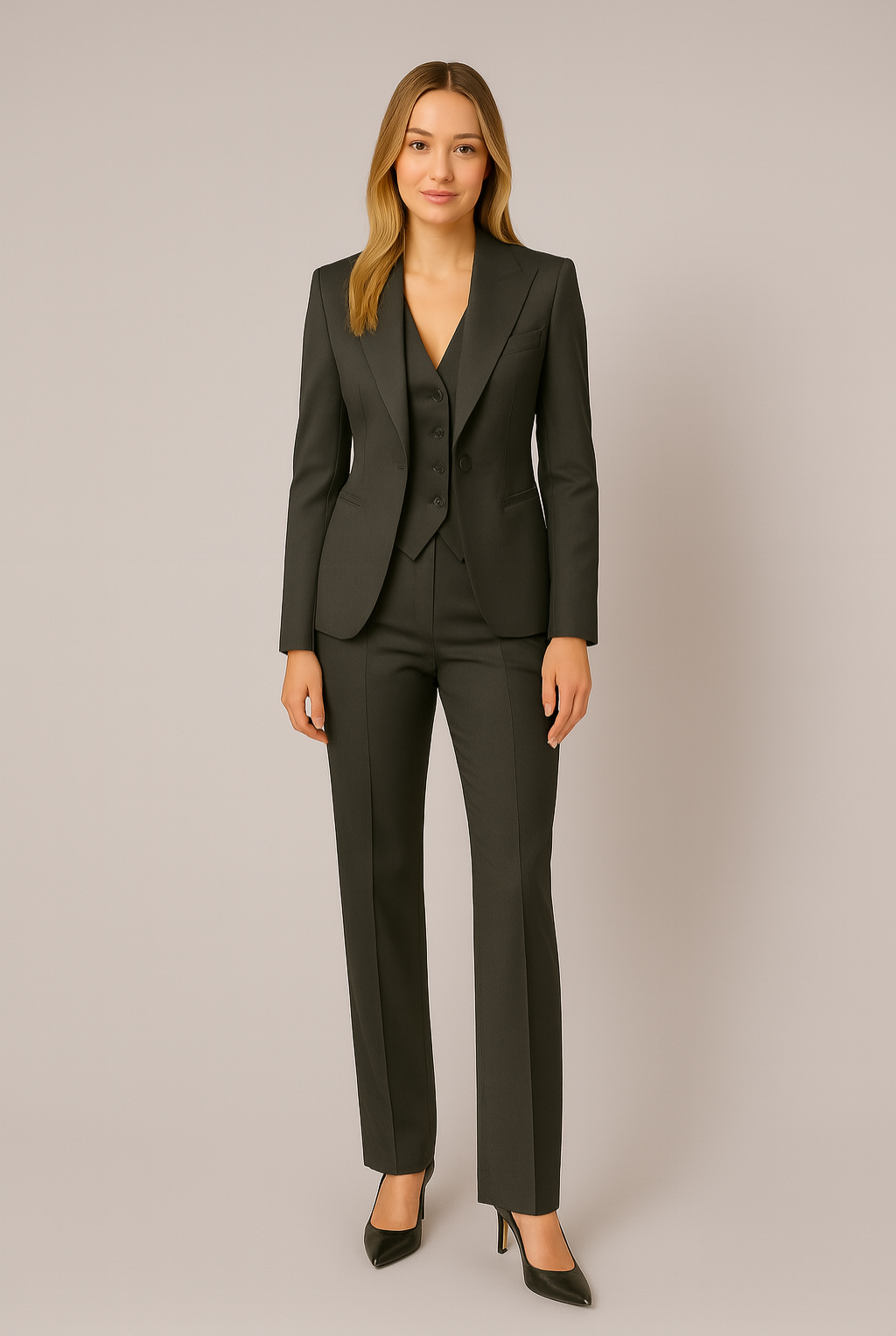 Chic Women's Black Three-Piece Suit Set – Sophisticated Blazer, Vest, Trousers for Work or Events