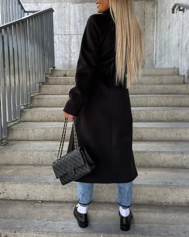 Chic Women’s Long Double-Breasted Winter Coat - Stylish Belted Overcoat
