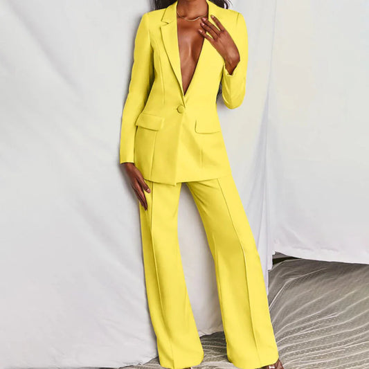Chic Women’s Trouser Suit - Longline Blazer & Wide-Leg Pants
