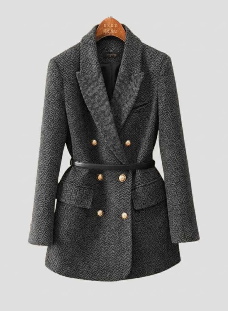 Chic Women’s Tweed Blazer Coat with Belted Design