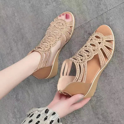 Women's Wedge Sandals | Cut-Out Design & Back Zip