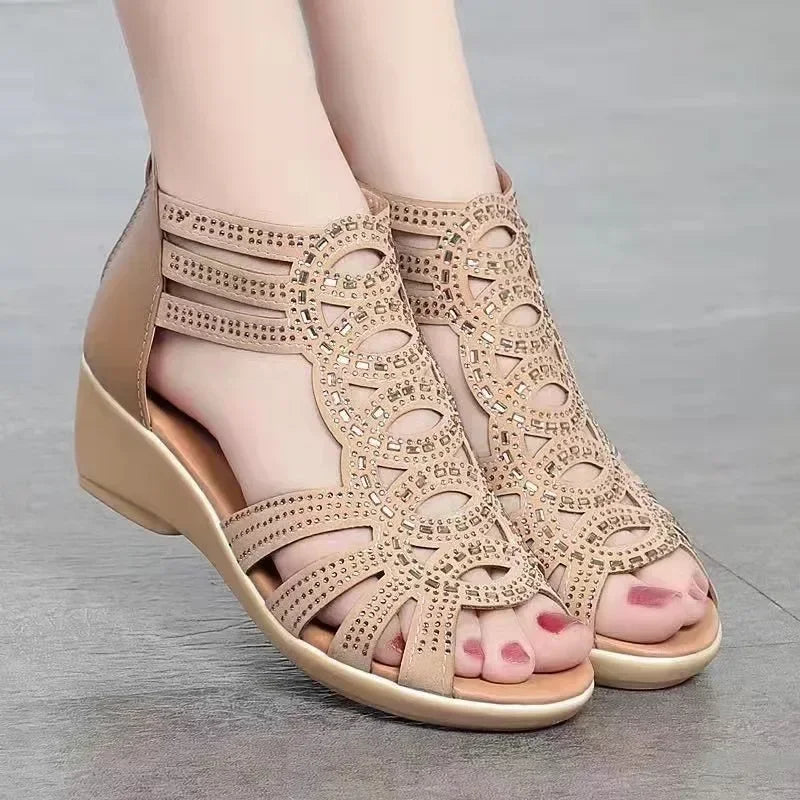 Women's Wedge Sandals | Cut-Out Design & Back Zip