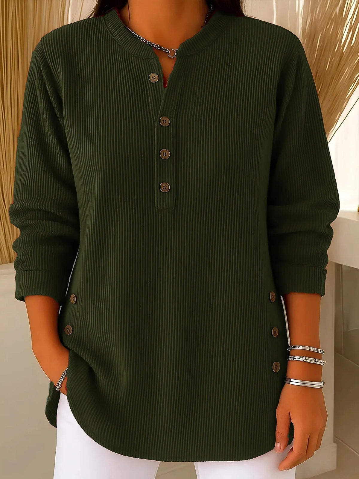 Women's Sweater Button Placket Flowing Cut Long Sleeve with Soft Knit 7