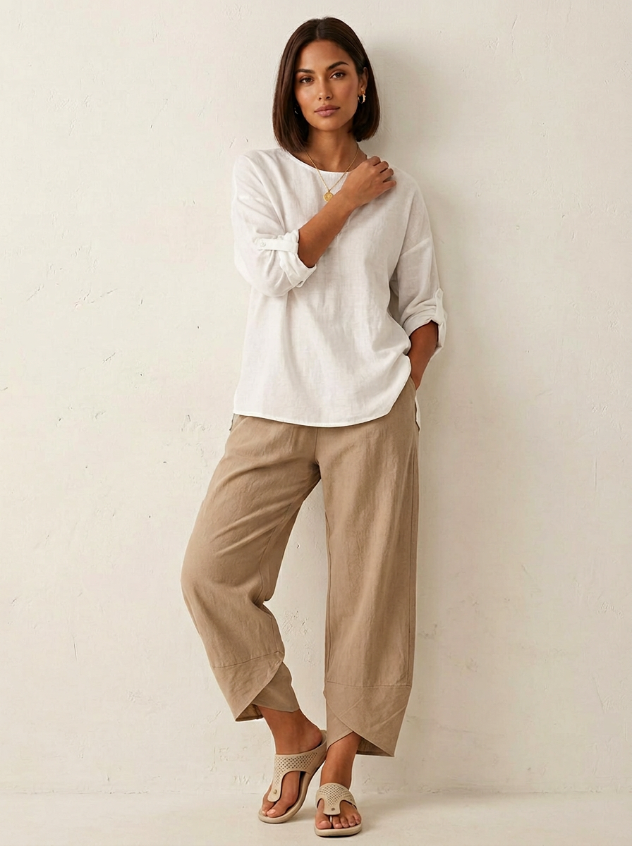 Dames Wide Leg Broek – Losvallende Pasvorm met Rechte Pijpen Khaki / S - AIDA LENA