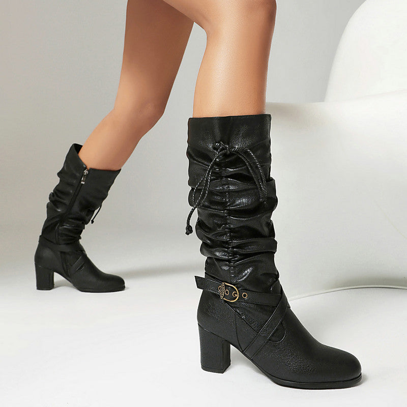 Women's Slouched Shaft Buckle Boots Ankle Rope Tie Booties 8