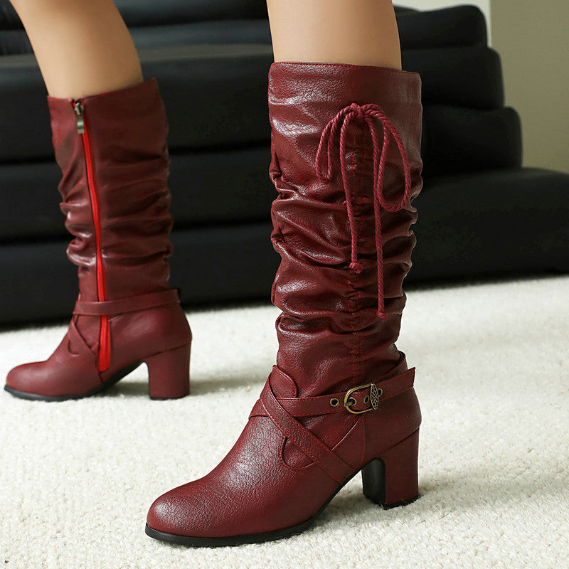 Women's Slouched Shaft Buckle Boots Ankle Rope Tie Booties 10
