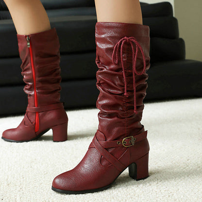 Women's Slouched Shaft Buckle Boots Ankle Rope Tie Booties 10