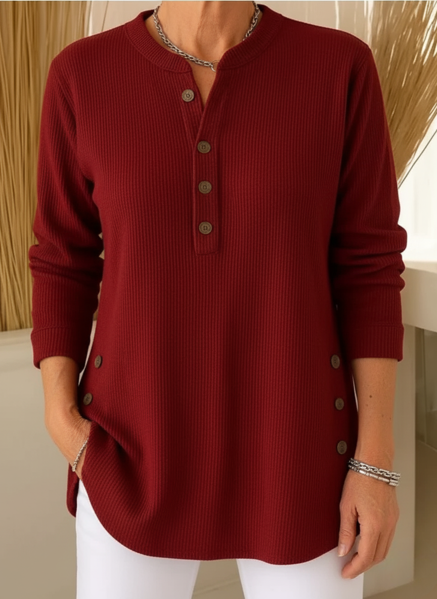 Women's Sweater Button Placket Flowing Cut Long Sleeve with Soft Knit 4