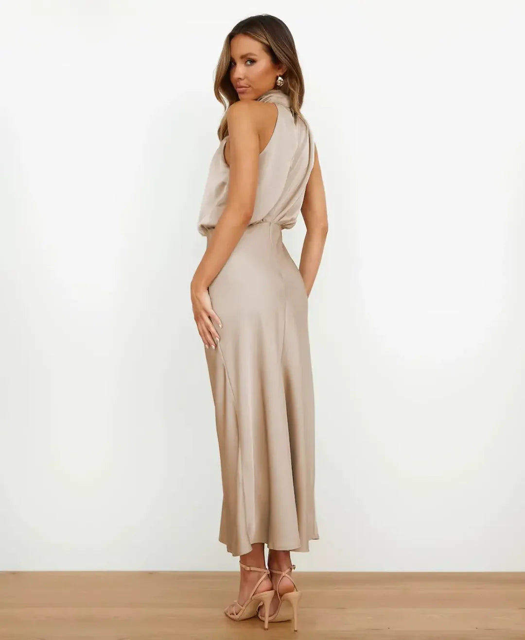 Elegant Midi Dress Women's | Halter Neck & Sleeveless Satin Style