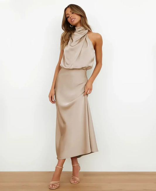 Elegant Midi Dress Women's | Halter Neck & Sleeveless Satin Style