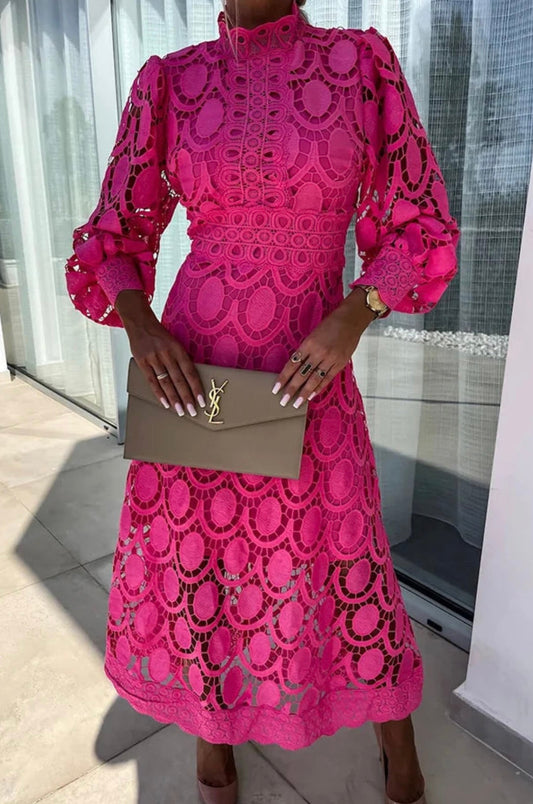 Elegant Midi Dress Women's | Lace Detail & High Neck Puff Sleeve