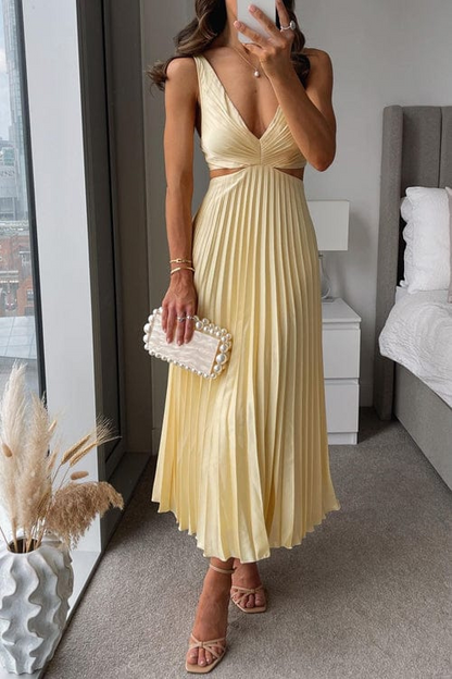 Elegant Pleated Satin Midi Dress - Lunelle 0