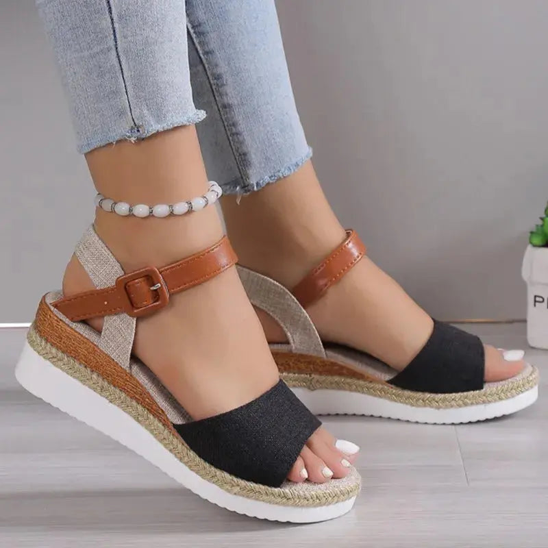 Women's Wedge Sandals | Buckle Strap & Woven Sole