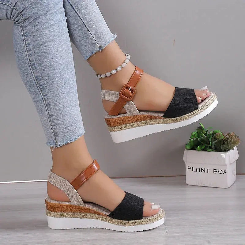 Women's Wedge Sandals | Buckle Strap & Woven Sole