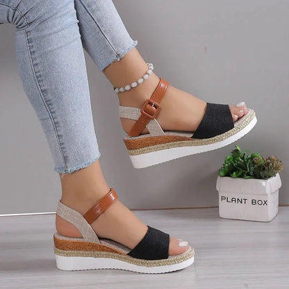Women's Wedge Sandals | Buckle Strap & Woven Sole