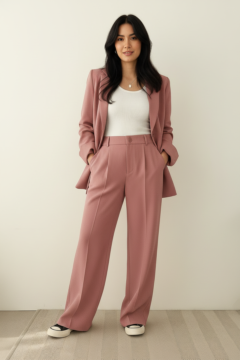 Dames 2-Delige Blazer Set – Elegante Blazer met Bijpassende Broek Roze / S - AIDA LENA