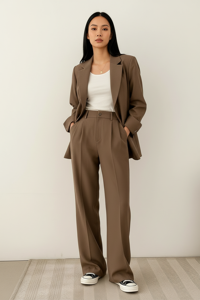 Dames 2-Delige Blazer Set – Elegante Blazer met Bijpassende Broek Bruin / S - AIDA LENA