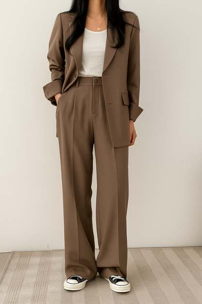 Dames 2-Delige Blazer Set – Elegante Blazer met Bijpassende Broek Khaki / S - AIDA LENA
