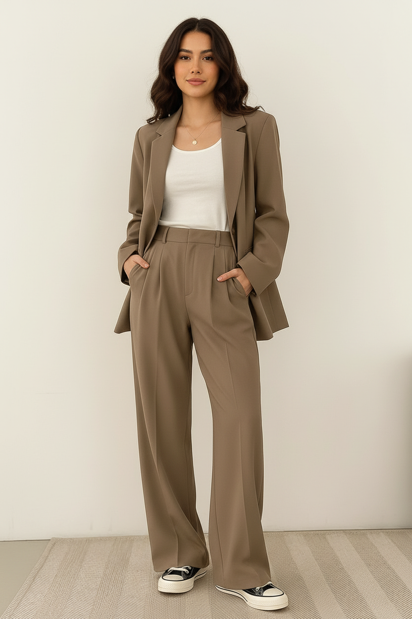 Dames 2-Delige Blazer Set – Elegante Blazer met Bijpassende Broek Khaki / S - AIDA LENA
