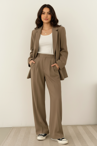 Dames 2-Delige Blazer Set – Elegante Blazer met Bijpassende Broek Khaki / S - AIDA LENA