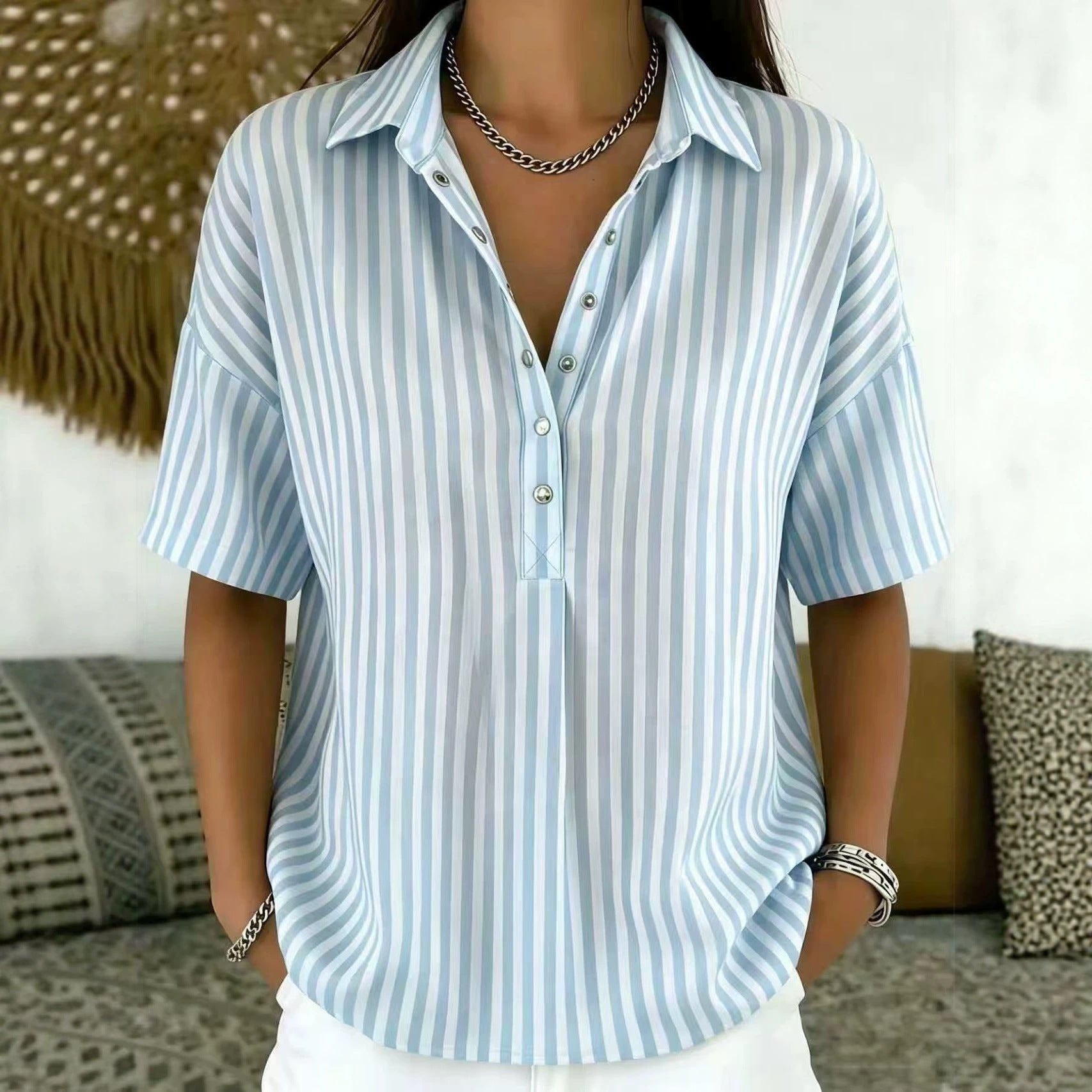 Evelyn | Relaxed Striped Half-Button Collared Blouse 6