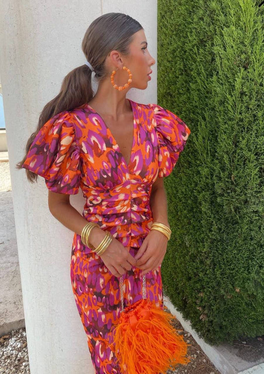 Evening Dress Women's | Puff Sleeve & Bold Abstract Print