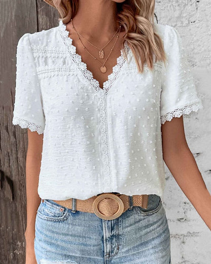 Women's V Neck Top | Swiss Dot Lace Trim