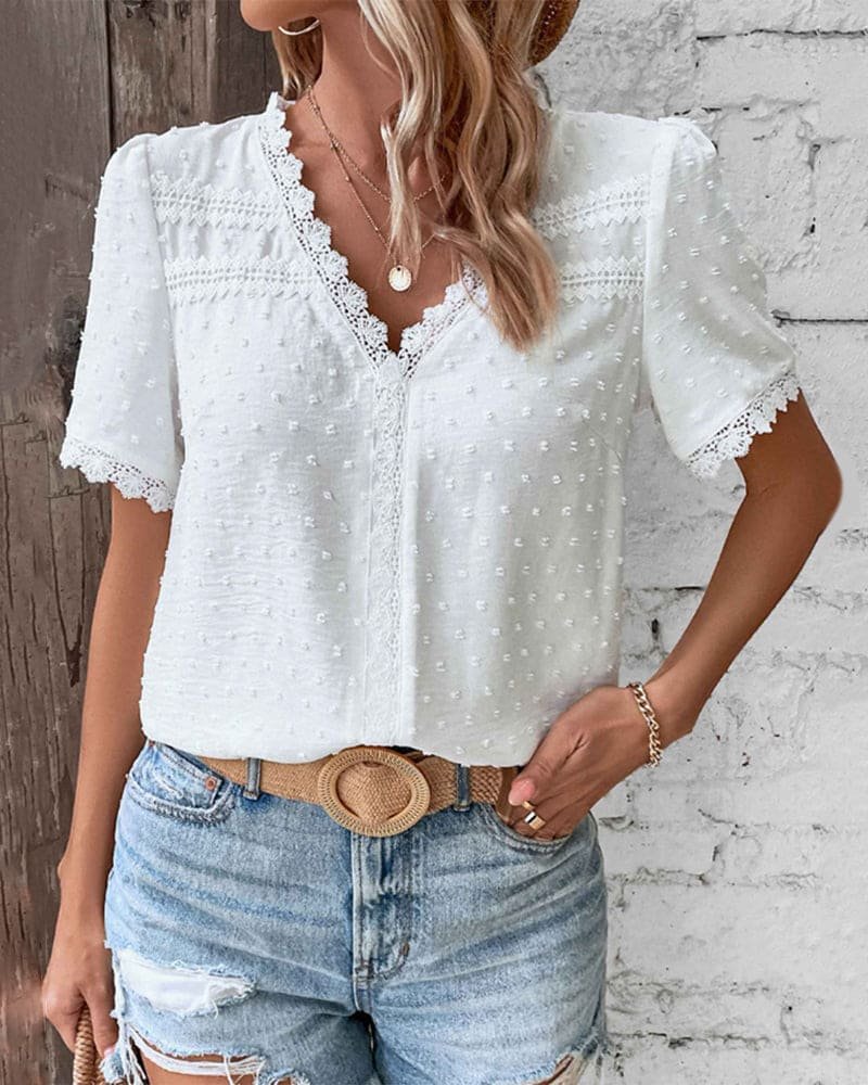 Women's V Neck Top | Swiss Dot Lace Trim