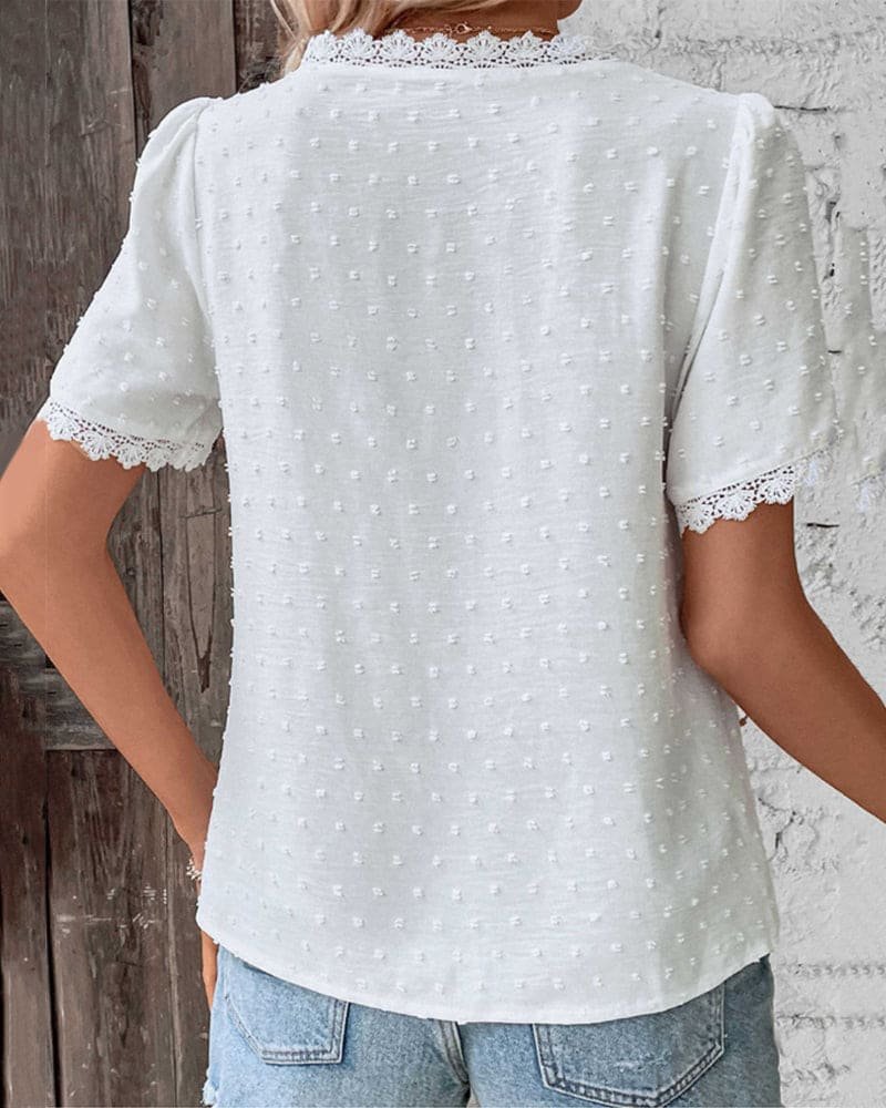 Women's V Neck Top | Swiss Dot Lace Trim