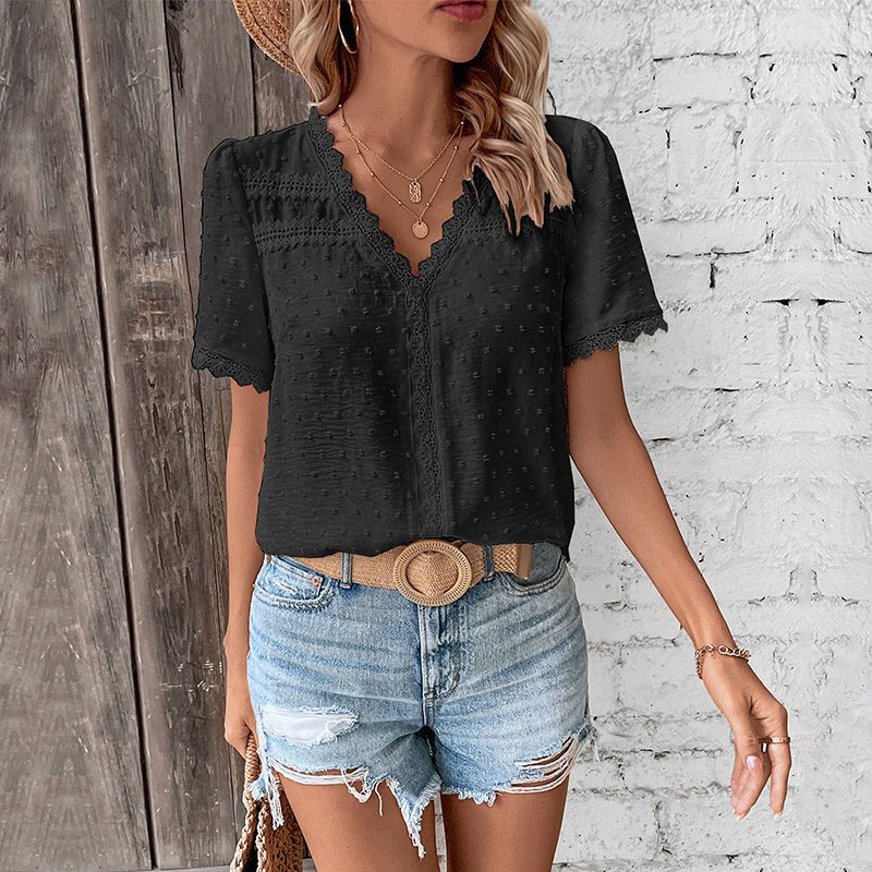 Women's V Neck Top | Swiss Dot Lace Trim