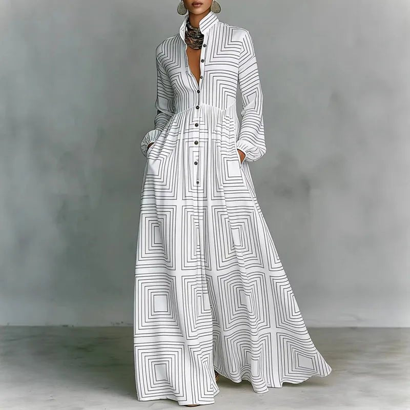 Freya | Women's Geometric Print High-Waist Button-Front Maxi Dress 1