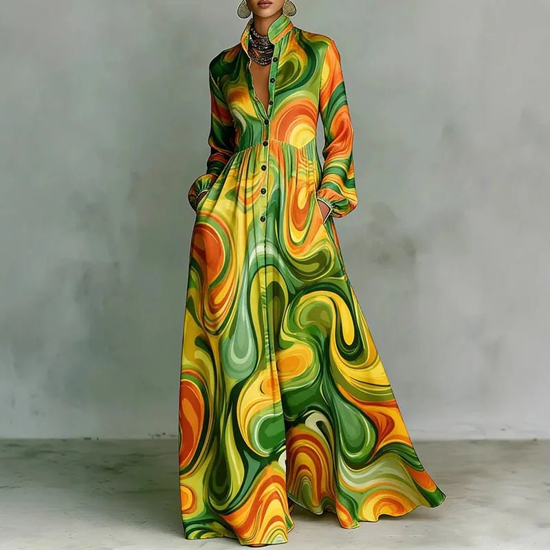 Freya | Women's Geometric Print High-Waist Button-Front Maxi Dress 3