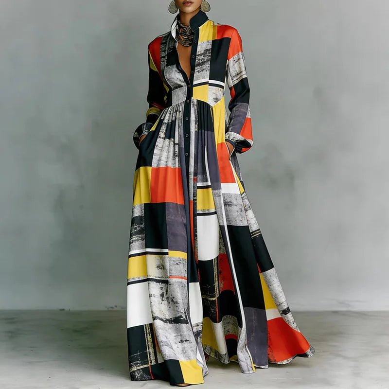 Freya | Women's Geometric Print High-Waist Button-Front Maxi Dress 8