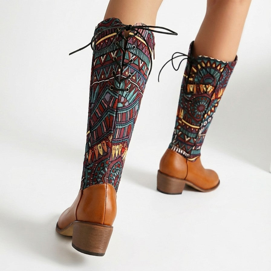 Women's Tapestry Ankle Boots Almond Toe Mid Block Heel 3