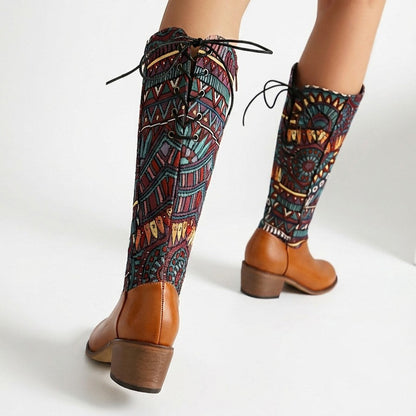 Women's Tapestry Ankle Boots Almond Toe Mid Block Heel 3