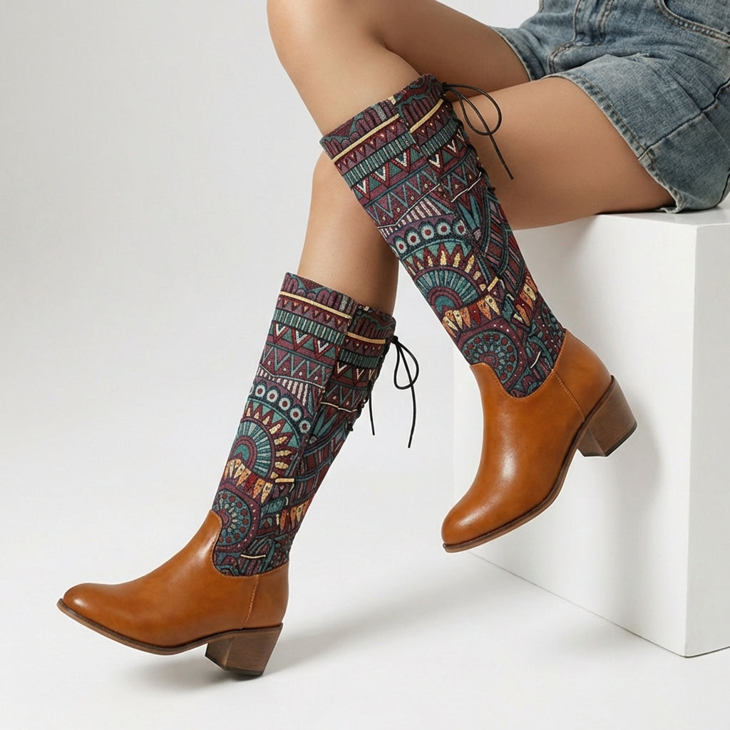 Women's Tapestry Ankle Boots Almond Toe Mid Block Heel 1