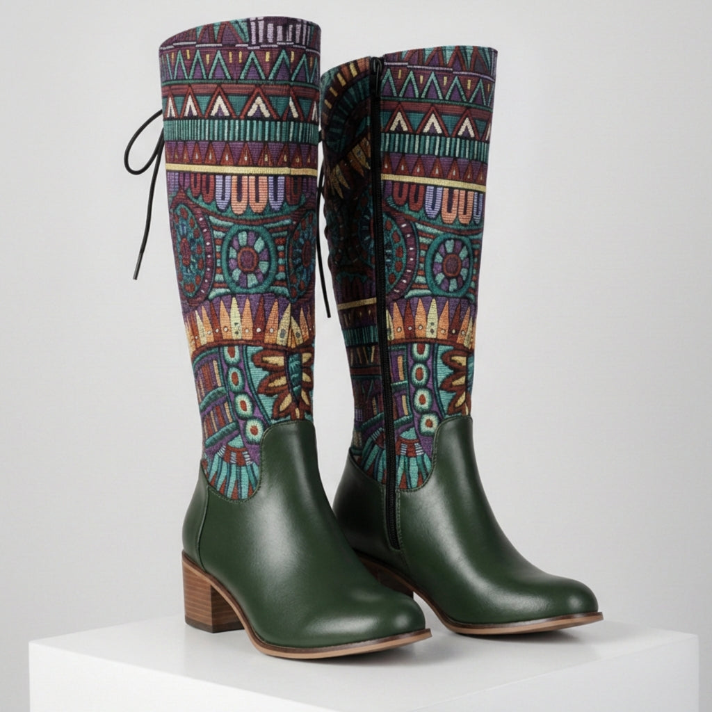 Women's Tapestry Ankle Boots Almond Toe Mid Block Heel 8