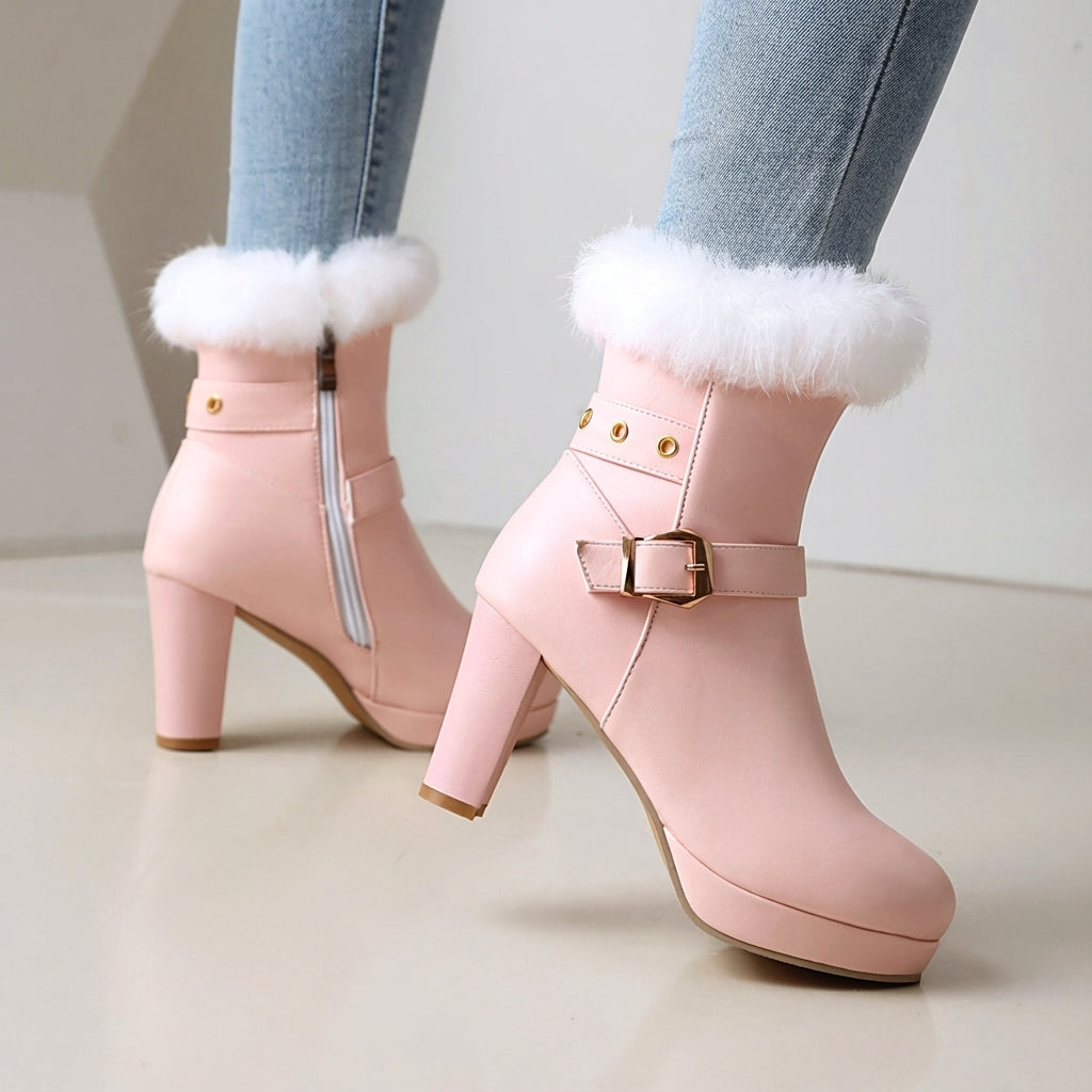 Women's Buckle Ankle Boots Cosy Trim Winter Footwear 4