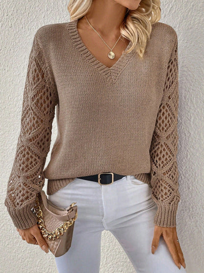 Women's V Neck Jumper Open Knit Sleeve Knitted Sweater 13