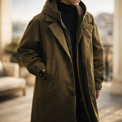 Men's Coat Longline Hooded Double Layer Front with Buttoned Closure 3