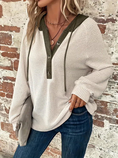 Women's Button Up Hoodie Relaxed Fit Waffle Knit Jacket 2